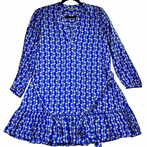 Zara Womens Blue White Flowy Dress With Belt Long Sleeves Ruffle Hem Size S - Picture 3 of 13